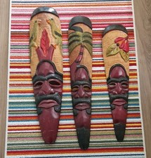 3 X vintage Jamaican Wooden Masks Hand Carved & Painted Wall Hanging Tiki Art  