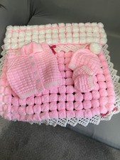 baby pom pom pram blanket handmade and knitted set for 3 month  pink and white 