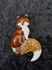 Enamel Brown Fox Brooch Rhinestone Tail Gold Tone Vintage Inspired Jewellery 