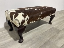 Antique Queen Anne Vintage Foot Stool Cow Hide Fur Fabric Upholstered