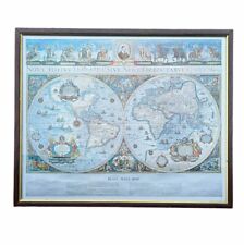 Vintage Framed Silver Foil Blaeu Wall Map of Old and New World 56cm x 46cm