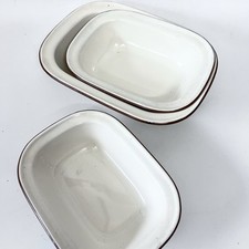 Three x cream with brown edge enamel pie oven dishes, Rustic Kitchen