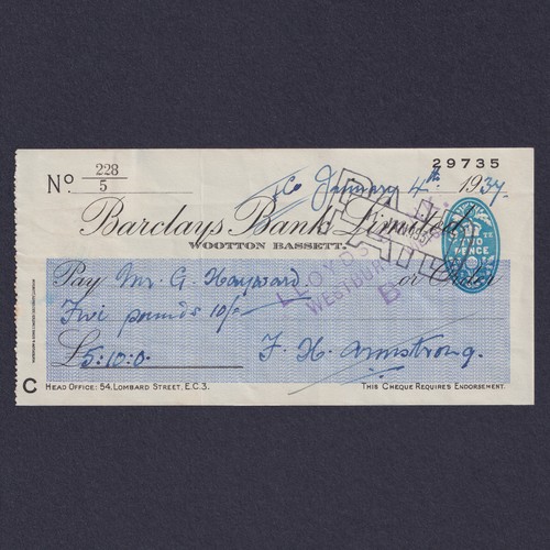 Barclays bank cheque 1937 - barclays,