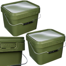 CARP FISHING BAIT BUCKETS X 2 GREEN SQUARE ANIMAL FEED TIGHT LIDS 5L 10L or 17L