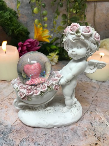 Cherub with heart snow globe - with,