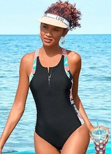 Size 10 Active wear by Lascana Black Zip-up Swimsuit Swimming Costume RRP £59