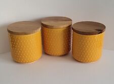 3x Kitchen Cylindrical Storage Jars Canisters With Wooden Lids In Ochra