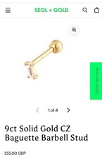 9ct Solid Gold CZ Baguette Barbell Stud Cartilage Helix Earring - 5.5mm - NEW