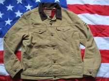 rare LEVIS TIMBERLAKE khaki CANVAS DENIM trucker JACKET flannel lined BIG E LARG