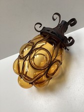 Vintage Hand Blow Venetian Amber Bubble Glass Pendant Shade In Iron Wire Cage