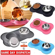 Double Pet Dog Bowls Food Water Stainless Steel Non Slip Puppy Cat Feeding