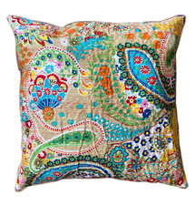 Paisley Floral Embroidered Cushion Cover with Kantha Stitch 100% Cotton Ethnic