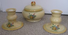 Antique Booths Silicon China lidded pot with matching candlestick holders