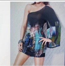 Jovani Women One Shoulder Ruched  Multi Colour Bodycon Mini Dress Size Uk8