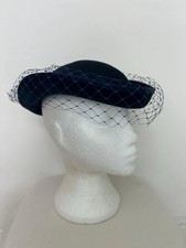 Vintage 80s Mr. James pillbox hat navy blue riding tilt retro birdcage veil #VA