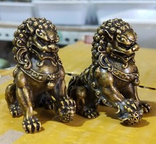Antique old Classic Archaic Bronze lion pair Fu Foo Dog lions guard Statues