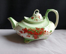 Victorian Squat Porcelain Teapot Green Red Roses Triangular Foot