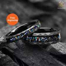 His And Hers Galaxy Wedding Rings - Black Fire Opal & Real Meteorite Couple Set