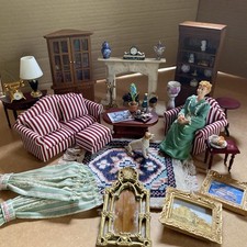 Dolls House Lounge 1/12th Sofa Marble Fireplace Rug Art Mirror Curtains Dog Lamp