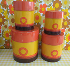 4 Vintage Storage Tins Storage Canisters Orange Yellow Brown Netherlands 70s
