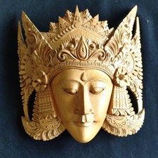 Vintage Balinese Hand Carved Wooden Mask Wall Decor signed 