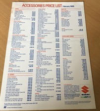 SUZUKI CAR RANGE ACCESSORIES Price List Brochure / Leaflet  February 1989