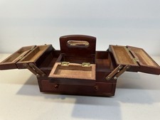 Vintage Wooden Fold Out  Cantilever Sewing Box Basket