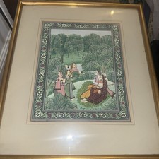  Silk Painting Vintage Gouache Indo Persian Asian - Figures In Garden 19” x 15”