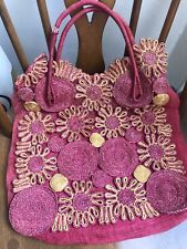 Vintage 1970’s Woven Raffia Hessian  Bag Flower Pattern 32x32x10 Cm Hippy
