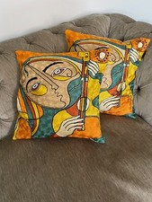 Pair Cushion Covers 16"x16" Indian Heavy Embroidery Square Button Closure 40cm