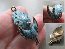 ANTIQUE VINTAGE OLD STERLING SILVER MOVING ENAMEL PEACOCK BIRD FOB CHARM PENDANT