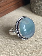Green Lace Agate Ring Size P Sterling Silver 925 Plated Vintage Style Boho