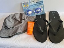 Mens Flip Flops 10/11 Swim Goggles Shorts Size Medium Aftershave Balm Hat