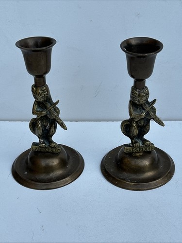 Rare antique pair - brass, cat