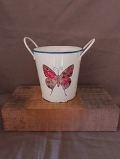 White Metal Flower Bucket Hand-painted With Handles Butterfly & Rose