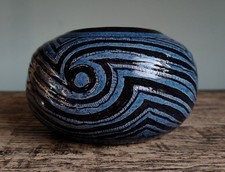 Handthrown Blue Glazed Studio Pottery Vase Pot Abstract Tribal Black Bands