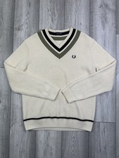 Fred Perry retro V Neck Heavyweight Wool Mix Jumper - Size Medium - Cream