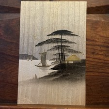 Japan Art Tree Boat Embossed Vintage Postcard