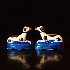 Vintage Staffordshire Whippet Dog Inkwell Figurines Set of 2 Made in England