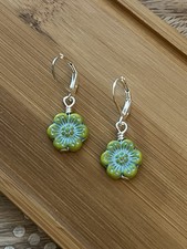 New Unique Czech Lime Green With Teal Wash Flower Earrings