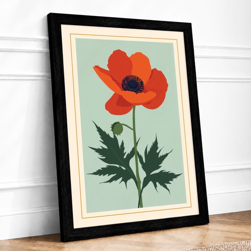 Red poppy botanical - red, framed