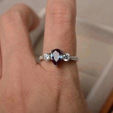 3.25 Ct Pear color change Alexandrite three stone Engagement Ring 14K White Gold