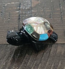 Vintage Carved Black Onyx Turtle Figurine Gemstones Shell Abalone Pearl