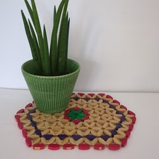 Vintage Mat Blue Green Red Beaded Bamboo Wood Mat Trivet Plant Mat 60s 70s
