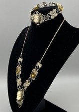 1930s Filigree Cameo Necklace and Bracelet Set Shell Cameos Amber Glass Vintage