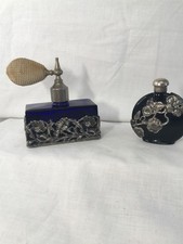 Job Lot x 2 Vintage Cobalt Blue Glass Perfume Bottles Silver Tone Decor (H12)