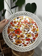 Vintage Dialene Floral retro. Plastic Lattice  Edge Round Serving Tray Orange 