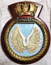 HMS Spartan Ship Crest Plaque – Hand-Painted, Solid Mahogany Mount, 900g