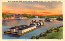 Minneapolis MN  Fleet of Barges Mississippi Locks Ford Plant 1951 Postcard 26364