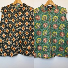 Women’s One Size Reversible Cotton Gilet Ikat Floral Quilted 100% Cotton